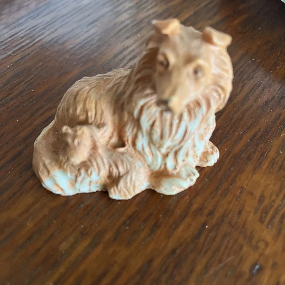 Vintage Plaster Collie DogAnd Puppy,Figurine,H2